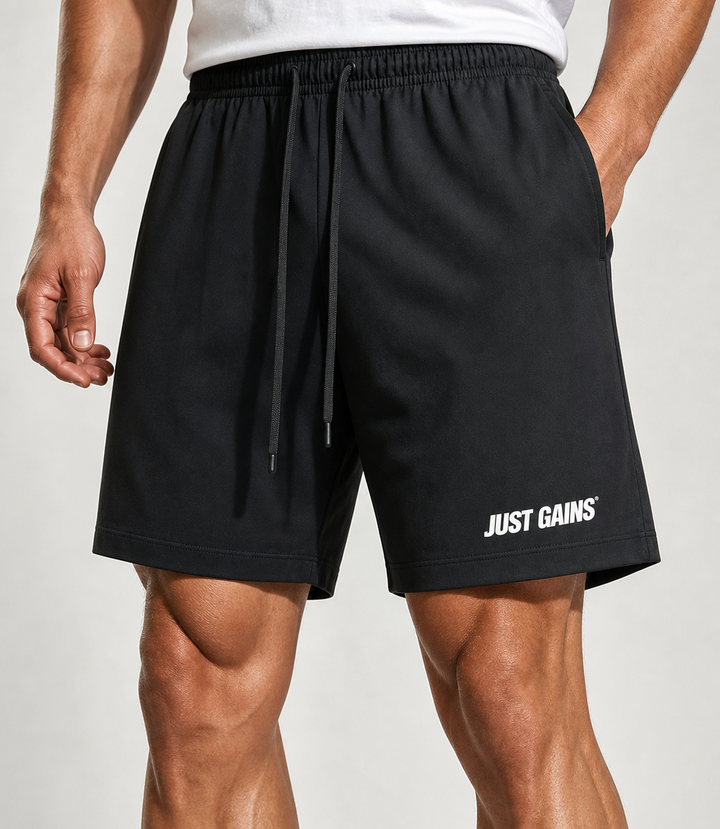 Just Gains® Washed Shorts — White Print