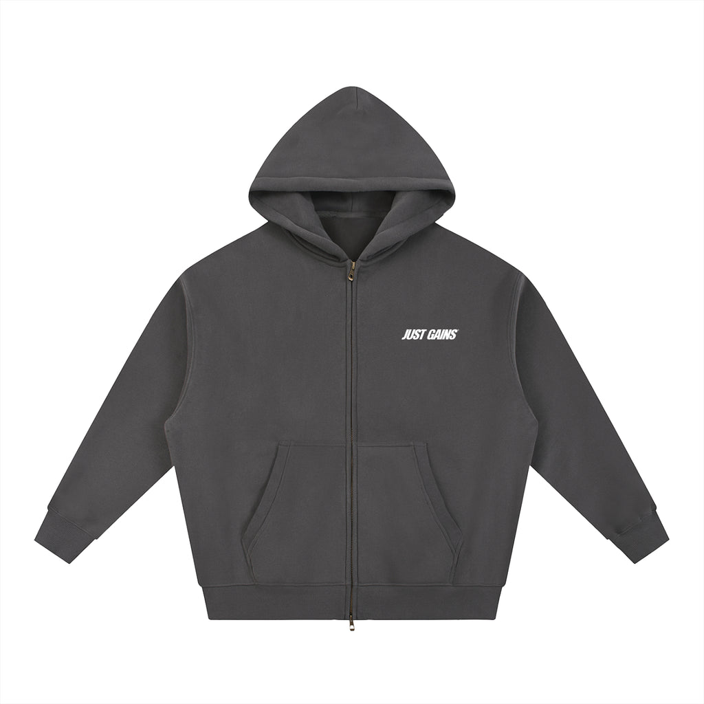 Just Gains® Open-Zip Hoodie — White Print