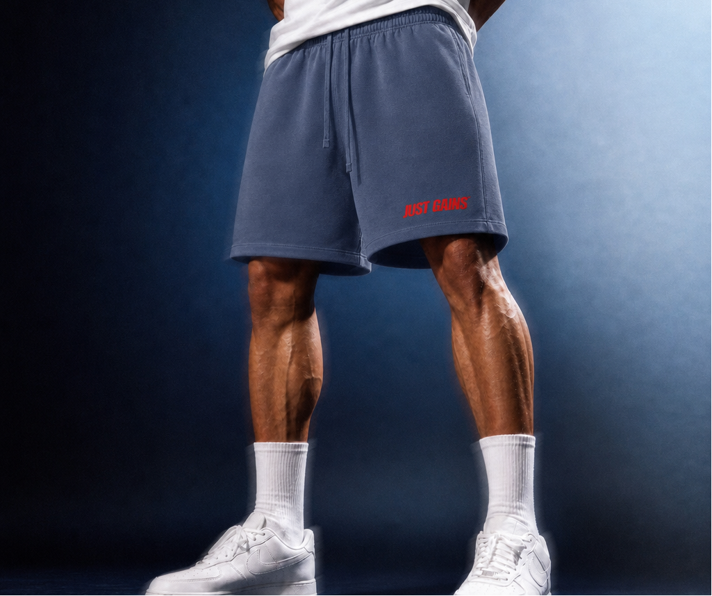 Just Gains® Washed Shorts — Red Print