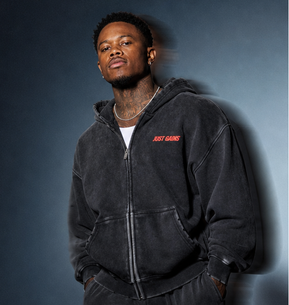 Just Gains® Open-Zip Hoodie — Red Print